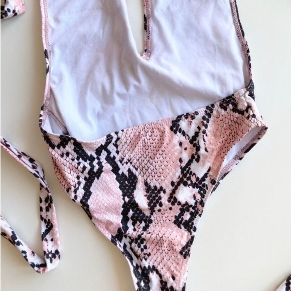 NWOT SHEIN Pink Black Python Snake Deep-V One Piece Wraparound Swimsuit, Size S - Picture 6 of 7